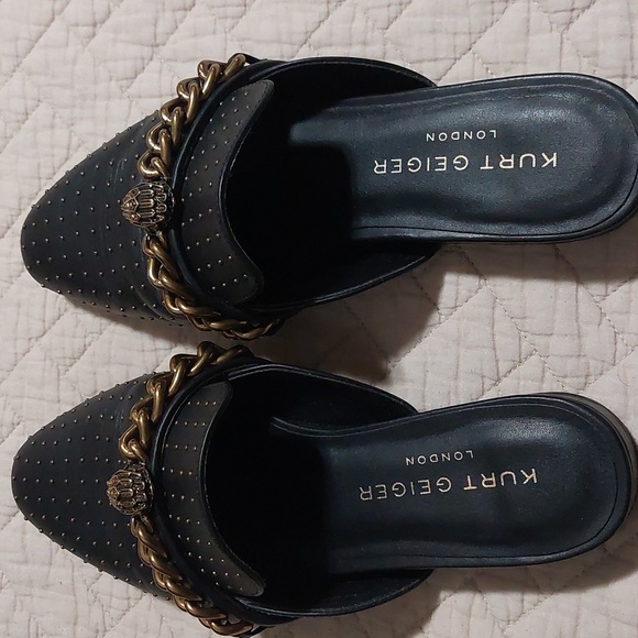 Kurt Geiger Black Mules with Gold Chain Accent - Picture 5 of 8